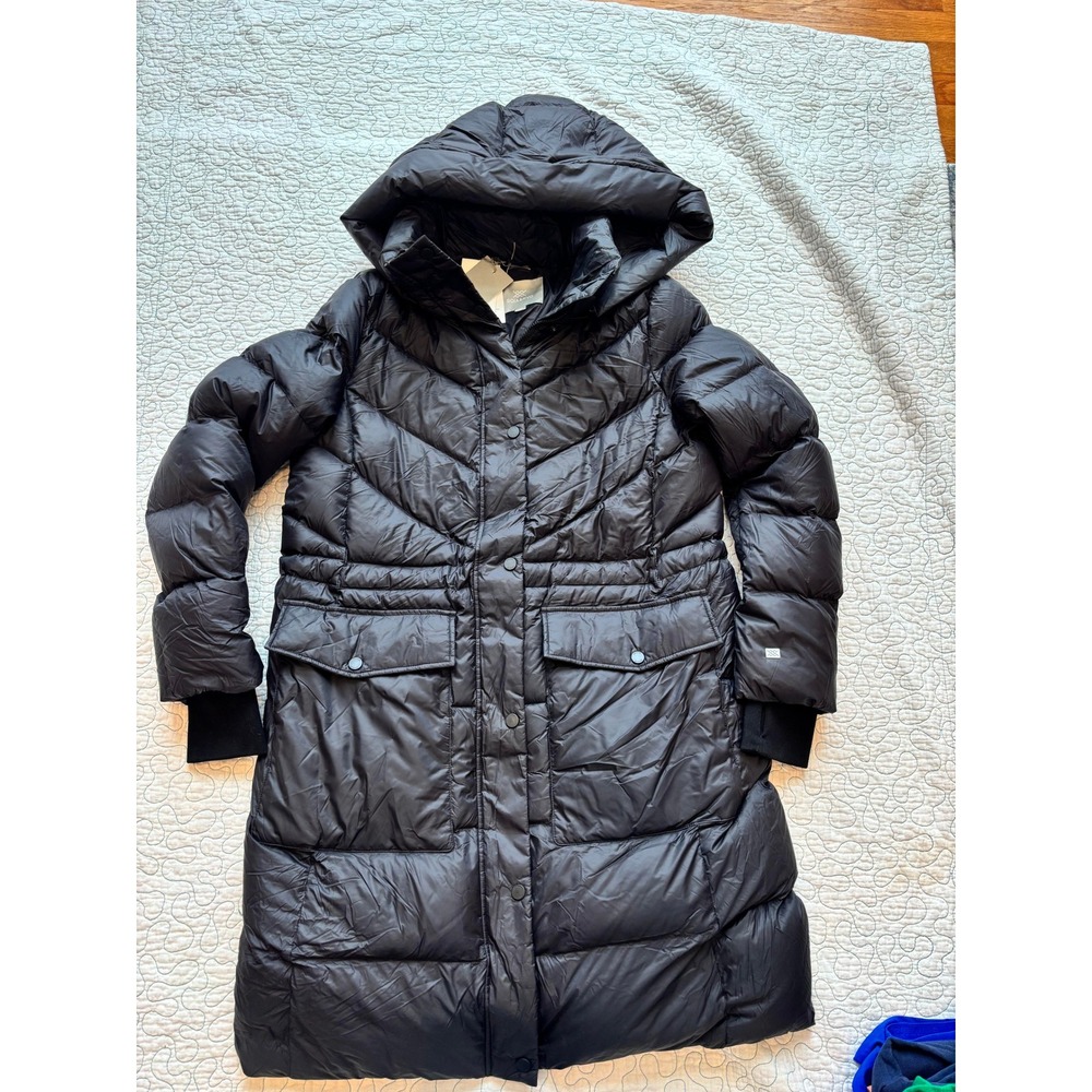 SOIA & KYO Breanna SP Womens Long‎ Down Puffer Coat Black Hooded Size Large